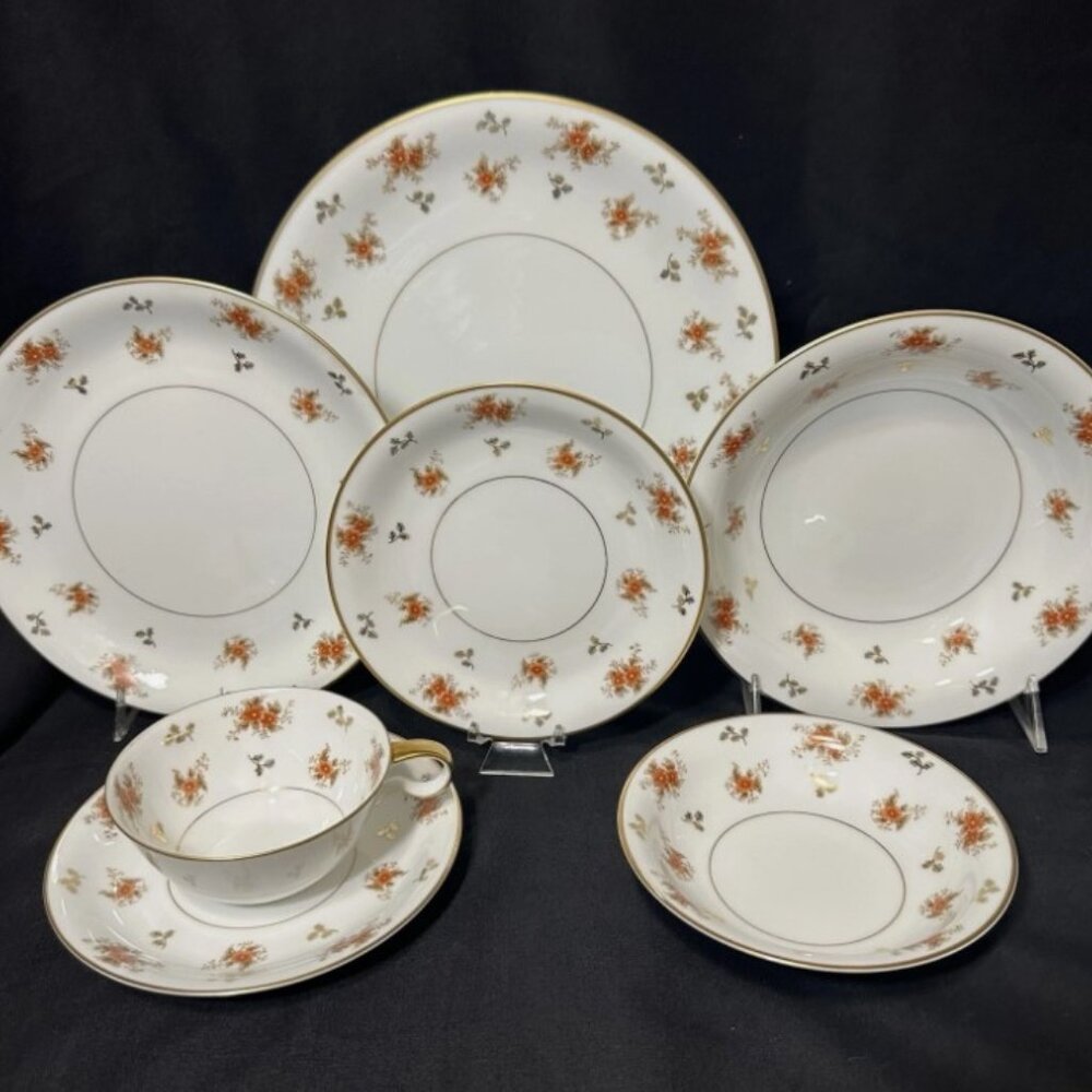 Noritake China 5230 Japan 7 Piece Place Setting VTG 1933 Orange/Gold PRISTINE!